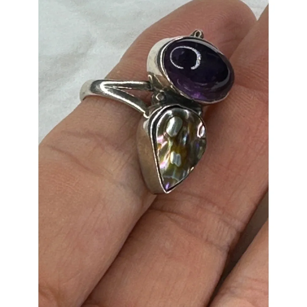 Nightbreed Creations Ring Amethyst Abalone Shell Sterling Silver 925‎ Sz 7 MOD